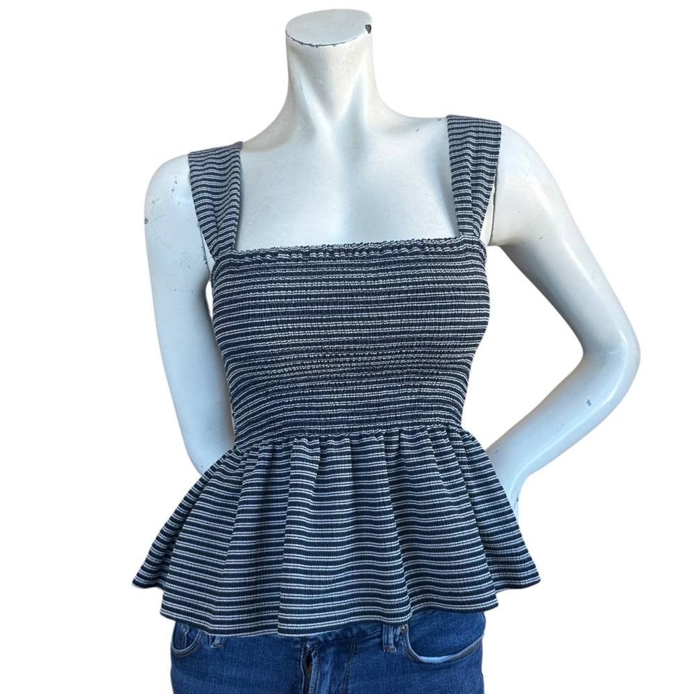 Madewell Texture & Thread Smocked Peplum Navy Blue Striped Tank Top Size XS